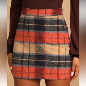 Lulu's Mini Skirt Mad for Plaid Check M Tan Navy Blue Orange